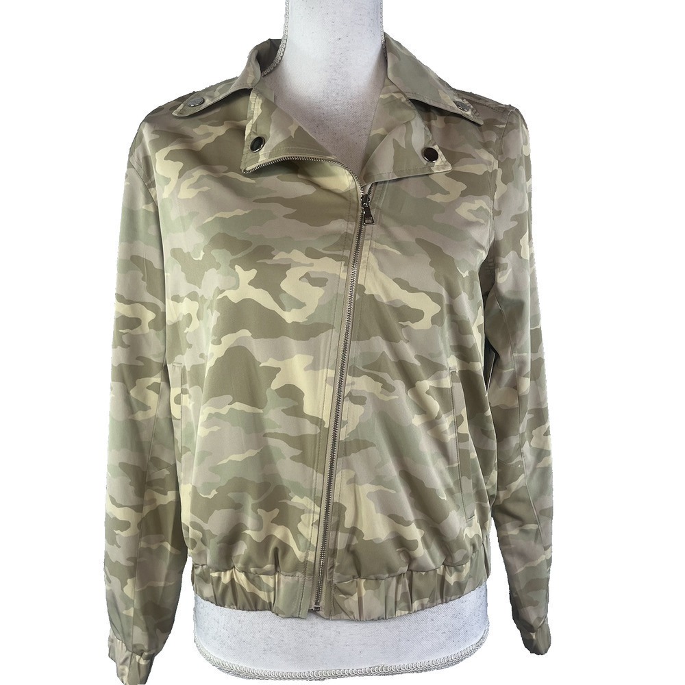 Nine West Zip Front Wind Breaker Jacket sz Extra Small Olive Green Cameo Zip